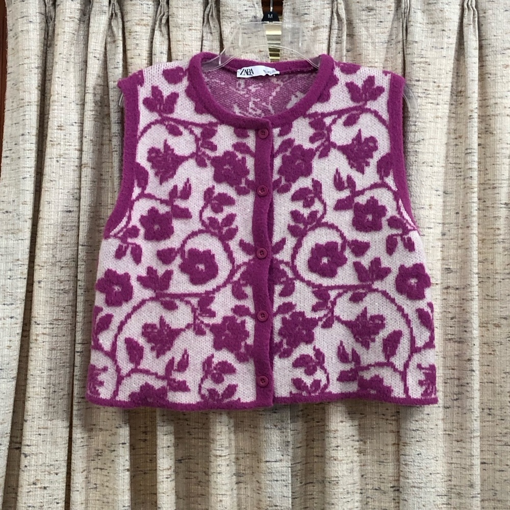 Zara Floral Jacquard Knit Button Front Vest - Large